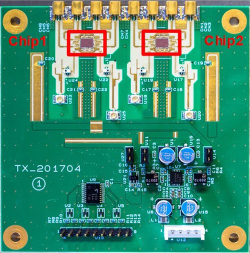 5G向け28 GHz帯無線機チップの評価用基板（基板あたり8素子）