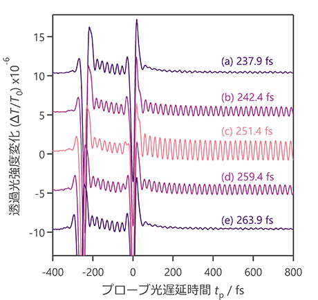 時間分解透過光強度の測定結果。超短パルス光対を用いてコヒーレント光学フォノンを励起することにより、透過光強度の振幅が第2パルス励起後に変化していることが分かる。