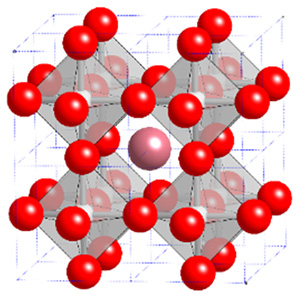 頂点共有酸素八面体構造のBO6の間に12配位のAがある立方晶構造