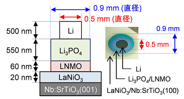 本研究で作製した全固体電池の概略図（左）と写真（右）