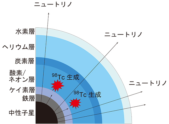 図1. 超新星爆発ニュートリノによる元素生成の模式図