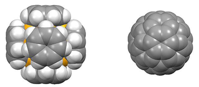 三次元型サンドイッチナノクラスターのキューブ状分子表面形状（左）と、代表的なナノカーボンであるC60フラーレンの球状分子表面形状（右）