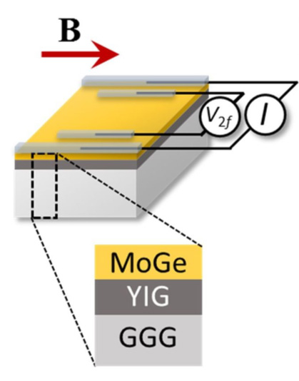 実験に使用した試料と測定セットアップの模式図。ガドリニウムガリウムガーネット（GGG）基板上にYIG単結晶を成長させた試料に、MoGeをスパッタリング成膜している。MoGe膜上に、電気測定（電流（I）、電圧（V））の電極を作製した。磁場（B）はMoGe膜の面内方向に印加している。