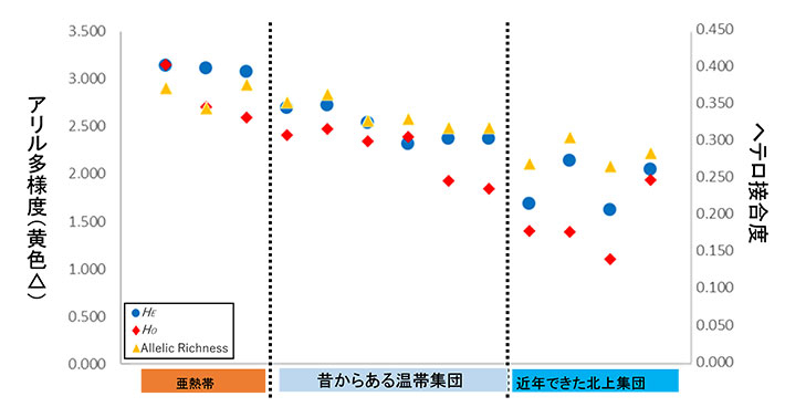 クシハダミドリイシにおける遺伝的多様性。もともと亜熱帯域や温帯域に生息するサンゴ集団は遺伝的多様性が高い。近年、北上したサンゴ集団は遺伝的多様性が低い。アリル多様度（Allelic Richness）やヘテロ接合度は集団の遺伝的多様性の指標のひとつ。