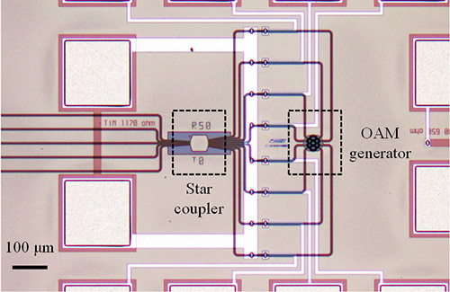 開発した光渦多重器（5光渦多重）の光学顕微鏡画像