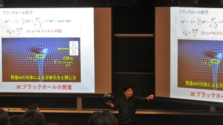 手製のブラックホールを手に解説する須山准教授