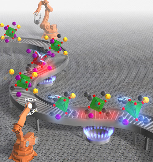 本研究成果をもとに作成されたデザインイラスト。同図はChemistry of Materials誌の中表紙を飾る「Supplementary Cover Art」に選出された。