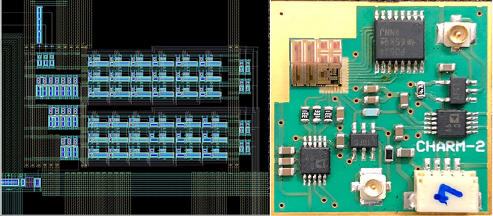 図3. 図2の回路のCADレイアウトと回路基板の写真。この集積回路は約200×100 μm サイズの微小な「細胞」として設計され（左）、最初の試作では必要となる補足機能が備えられたテスト基板上に搭載された（右）。