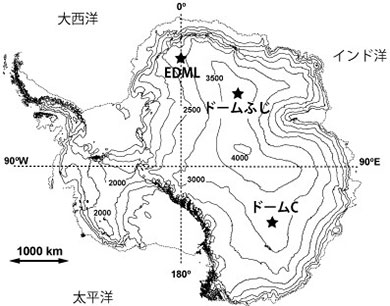 本研究でデータを使ったアイスコアの掘削地点（星印）。