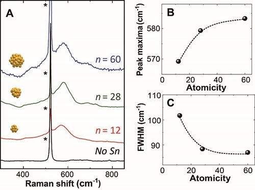 図2. （A）金銀コアシェルSHINERS法によって直接計測された酸化スズサブナノ粒子のラマンスペクトルと、（B）構成原子数変化によるピークトップ位置と（C）ピーク半値幅値の変化