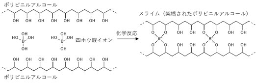 スライムの化学：洗濯のりとホウ砂を混ぜるとスライムができる。これはホウ砂から生じるホウ酸イオンが化学反応により複数のポリビニルアルコールをつなぐからである。本研究ではこの化学反応を応用している。