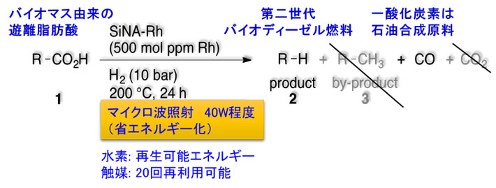 新たに開発した触媒（SiNA-Rh）を用いた第二世代バイオディーゼル燃料の合成