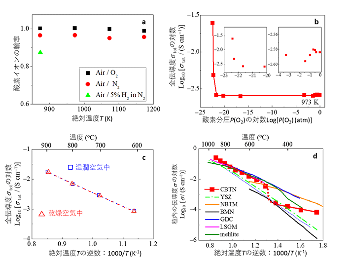 図4. CsBi2Ti2NbO10−δの高い酸化物イオン伝導度の実証。（a）酸素濃淡電池により調べた種々の雰囲気での酸化物イオン輸率。（b）全電気伝導度σtotの酸素分圧P（O2）依存性。縦軸は対数Log（σtot）であり、横軸は酸素分圧P（O2）の対数Log（P（O2））である。（c）乾燥空気（赤い△と破線）および湿潤空気（青い□と点線）中での全電気伝導度の温度依存性。縦軸は対数Log（σtot）であり、横軸は絶対温度Tの逆数1000/Tである。（d）最も良い（ベスト）伝導体の粒内の伝導度（σb）との比較。縦軸は粒内の伝導度σbの対数Log（σb）であり、横軸は絶対温度Tの逆数1000/Tである。CsBi2Ti2NbO10−δ焼結体のようなセラミック多結晶体は粒と粒界からなるが、σbは粒内での電気伝導度である。