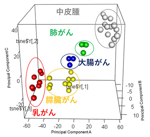 図2. がん患者の血液中のエクソソームのプロテオミクス解析により、がんのステージに関係なく種類別にクラスタリングすることが確認された。