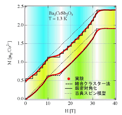 図6: Ba3CoSb2O9で観測された磁化曲線(縦軸M:磁化=磁気の強さ、横軸H:加えた磁場の強さ、測定温度は1.3 K)。赤い印が実測値、太い実線と破線はそれぞれ厳密対角化と結合クラスター法による計算結果、細い点線は古典的な磁化曲線を表す。実験と理論の一致は極めて良い。