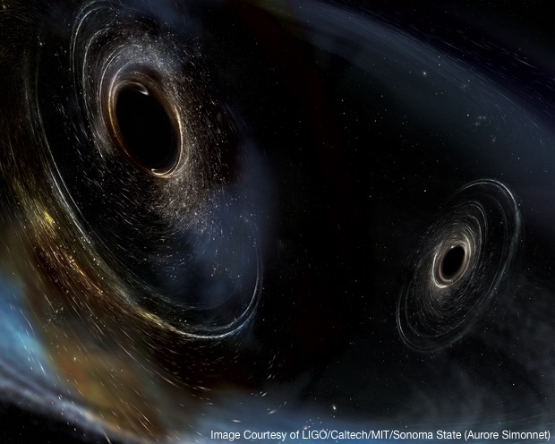 重力波を生んだブラックホール合体のイメージ