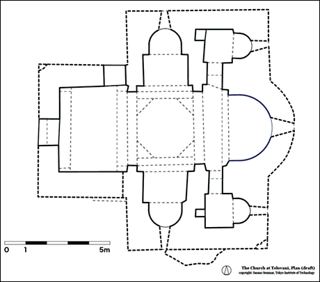 ジョージアのテロヴァニ教会堂の実測平面図。十字形は、この地域の教会堂の典型的な平面形状のひとつ