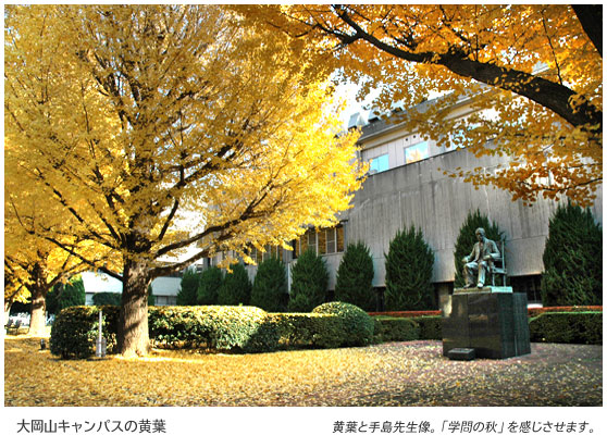 大岡山キャンパスの黄葉　黄葉と手島先生像。「学問の秋」を感じさせます。