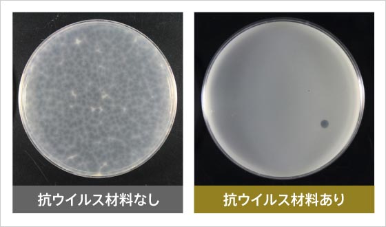 COVID19と同様のエンベロープ型ウイルスに対する抗ウイルス性能（6時間後）。ほぼすべてのプラークが消滅していることが分かる。