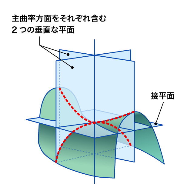 赤い2つの点線のそれぞれの曲率が2つの主曲率になる