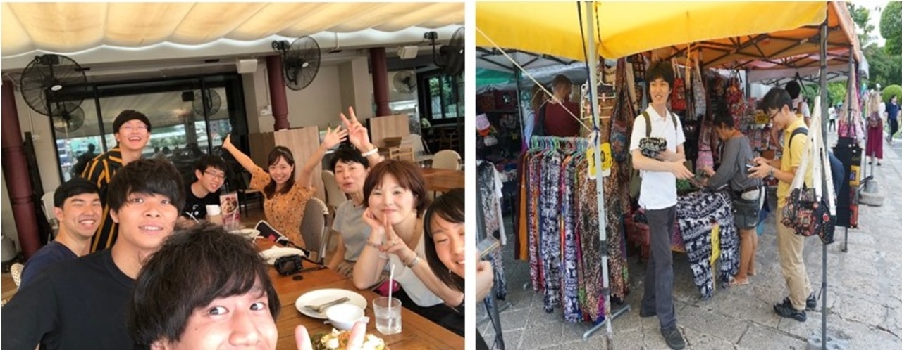 左：チュラロンコン大生との昼食／ 右：タイパンツの屋台