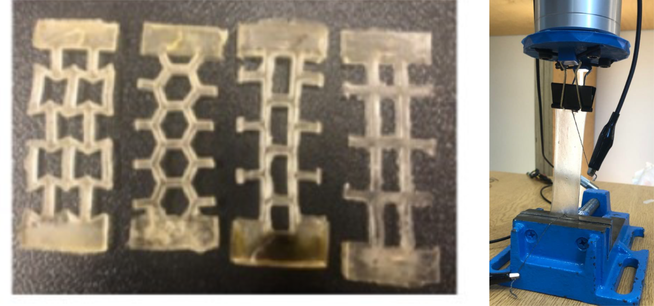 Fig 2. 実験の様子。左が作製したゼラチンセンサ。メッシュ構造を変化させることによる応答の変化を調査しました。右が実験の様子。ロボットで一端を固定して引張試験を行いました。