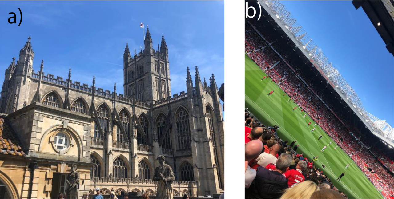 Fig 3. a) 有名な観光地の一つであるBath の風景。世界遺産に登録されているRoman Bathsにて。 b) Manchester United の試合を観戦したときの写真。