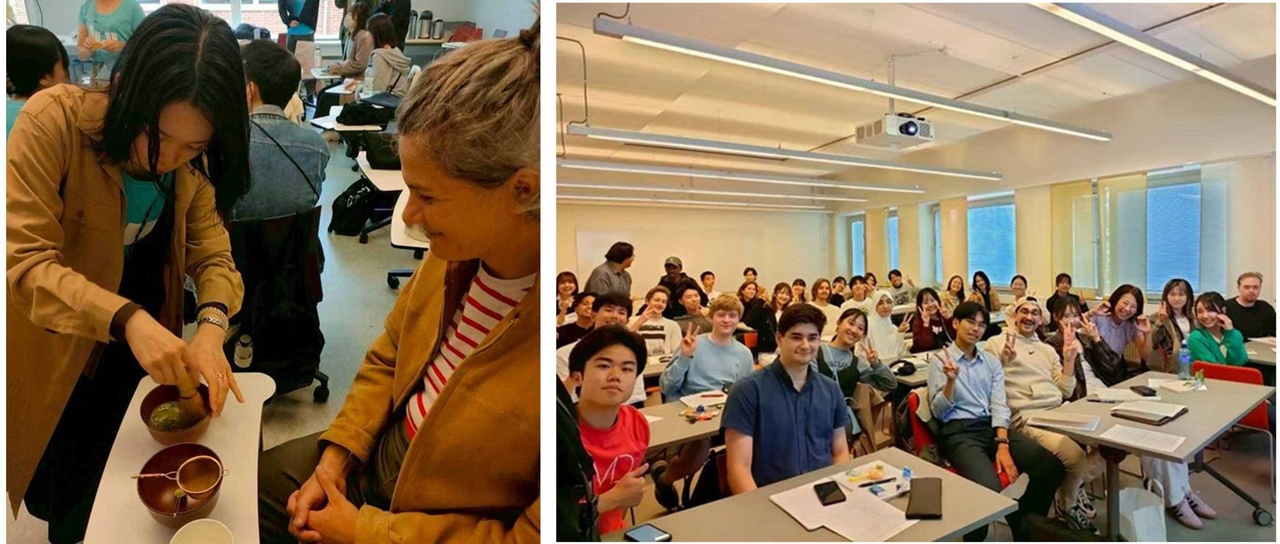 （左）日本の学生による茶道を体験するスウェーデンの大学生　　　　　　　　（右）KTHで一緒に日本語の授業を受ける様子
