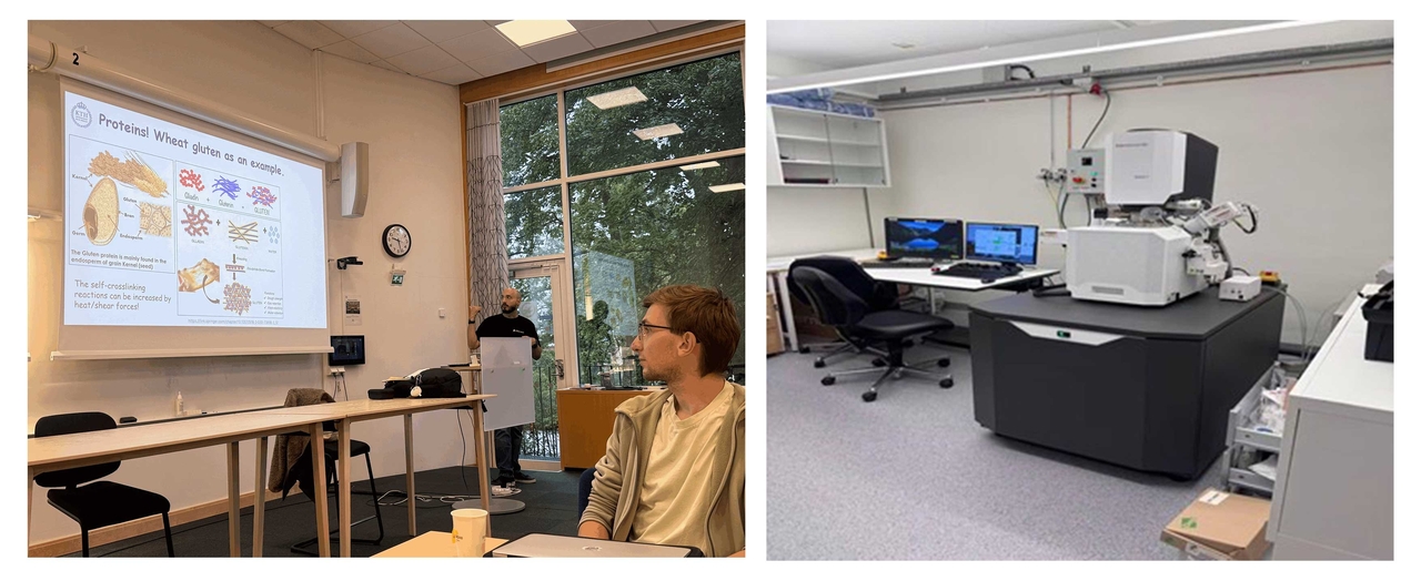 （左）Bioresorbの講義　　　　　　　　　　　    （右) 数億円規模の電子顕微鏡