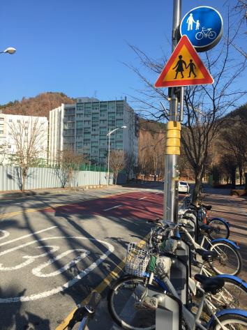 図1. レンタサイクル(奥に見える建物が寮