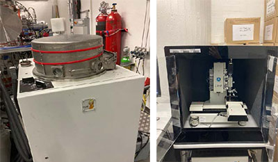 主な実験装置 (左：真空蒸着装置 右：ナノインデンテーション装置)